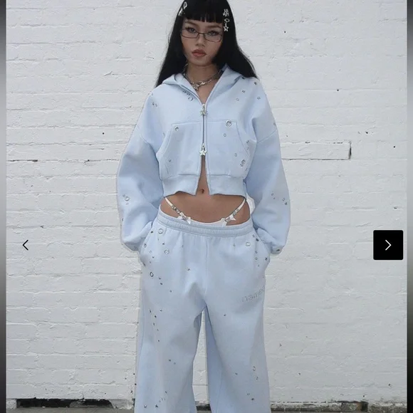 Glitch Eyelet Crop Zip Hoodie - Baby Blue - Picture 2 of 5